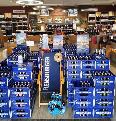 Getränkemarkt mit Flensburger Sortiment, Fokus auf Flensburger Malz