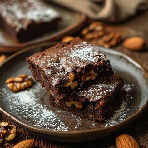 Glänzende, saftige vegane Brownies in kleinen Quadraten angerichtet