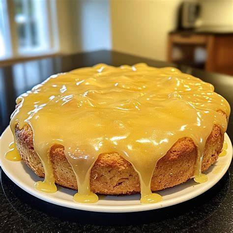 Glänzender Zuckerguss auf warmem Zitronenkuchen
