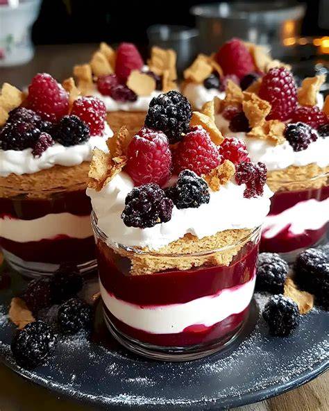 Gläser mit Beeren-Trifle und Löffelbiskuits als Schichtdessert