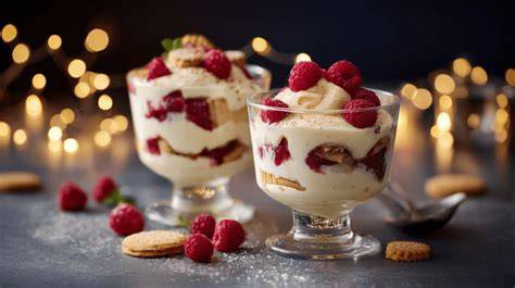 Gläser mit Mandelcreme und Himbeeren als Dessert