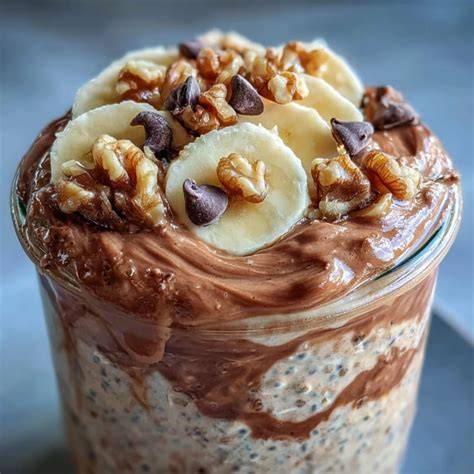 Gläser mit NESQUIK® Schoko-Overnight Oats und Bananenscheiben dekoriert