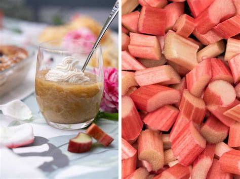 Gläser mit Rhabarbergrütze und Vanillesauce