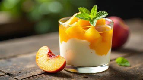Gläser mit Schichtdessert: Pfirsich, Joghurt, Sahne, Maracuja