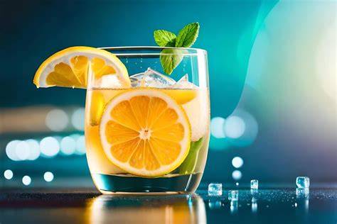 Gläser mit Zitronenscheiben, Minze und Eiswürfeln