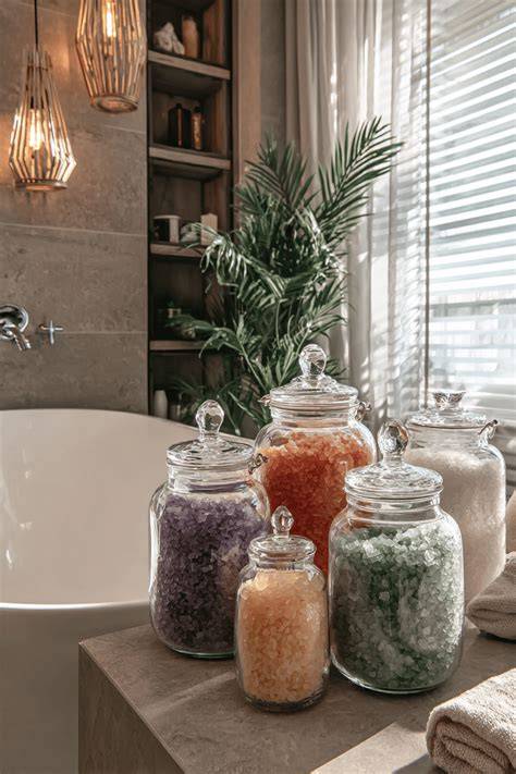 Gläser mit buntem Badesalz im Regal