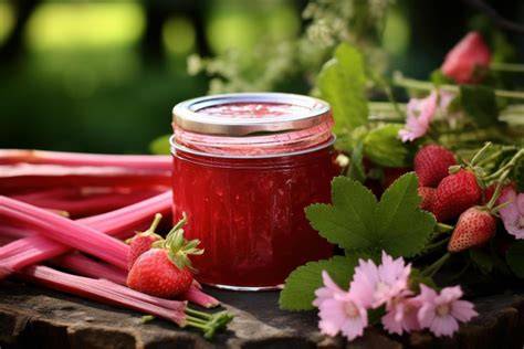 Gläser mit frisch eingekochter Rhabarbermarmelade mit Vanille und Zitrone