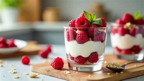 Gläser mit geschichtetem Joghurt, Himbeeren und Honignüssen