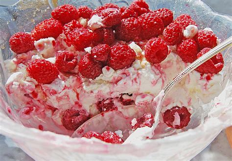 Gläser mit geschichtetem Quark und gefrorenen Himbeeren