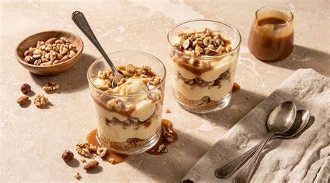 Gläser mit geschichteten Karamell-Desserts