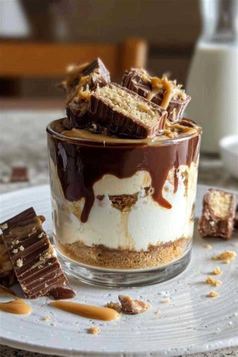Gläser mit geschichteter Mascarpone-Quark-Creme und Kinder Bueno Stücken