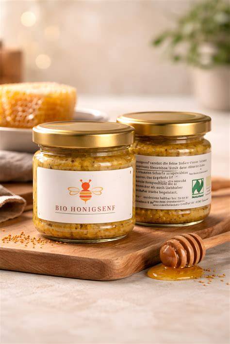 Gläser mit hausgemachtem Honigsenf und Zutaten (Senfkörner, Honig, Essig)
