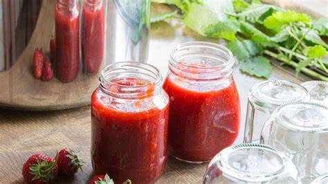 Gläser mit hausgemachter Erdbeermarmelade