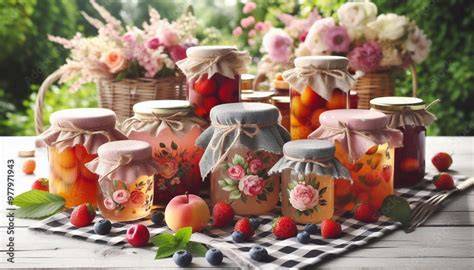 Gläser mit selbstgemachter Kirsch-Schoko-Marmelade auf Holzbrett