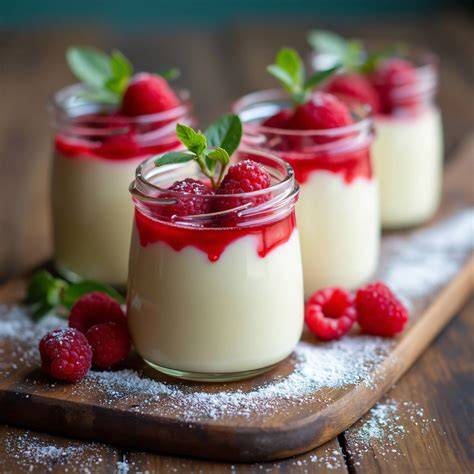 Gläser mit weißer Schokoladencreme und Himbeeren