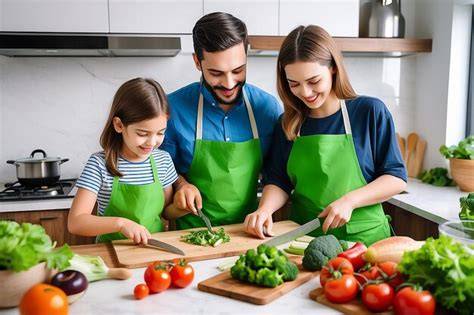 Glückliche Familie beim glutenfreien Backen und Kochen in der Küche