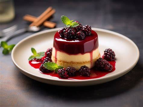 Glühwein-Panna-Cotta mit Beeren und Minze dekoriert