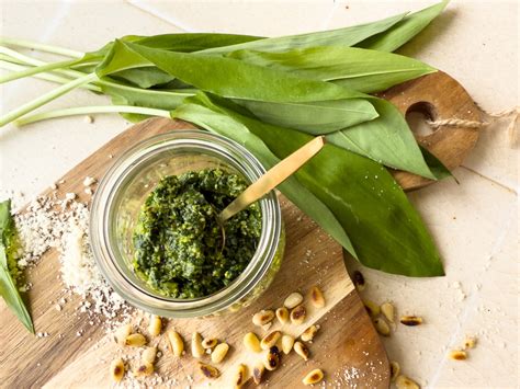 Glas Bärlauchpesto mit Honig auf einem Brett