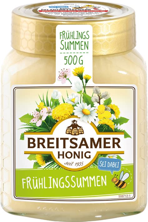 Glas Breitsamer Honig Frühlingssummen mit Frühlingsblüten und Bienen