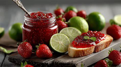 Glas Erdbeer-Sahne-Marmelade neben frischem Brot und Erdbeeren