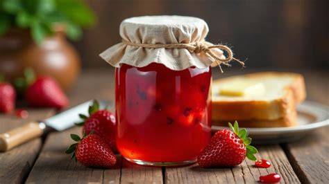 Glas Erdbeermarmelade auf Frühstückstisch