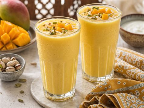 Glas Mango Lassi mit Kardamom bestreut
