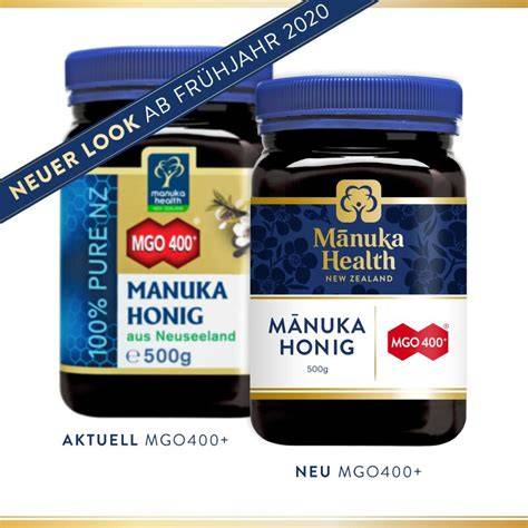 Glas Manuka Honig mit Hinweisschild auf MGO 400, Honigbienen und Manuka-Strauch