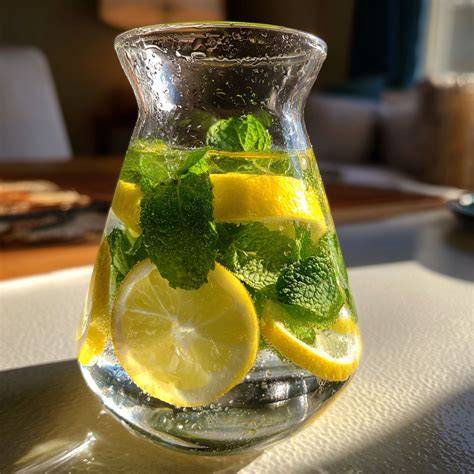 Glas mit Infused Water: Zitronenscheiben und Minze