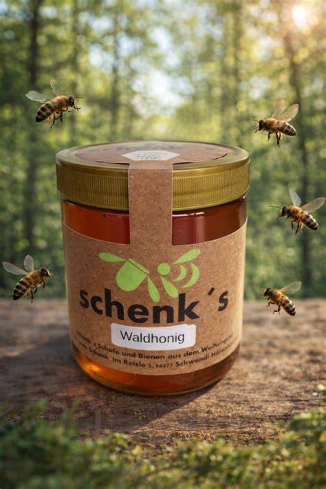 Glas mit Tannenhonig/Waldhonig und Bienen