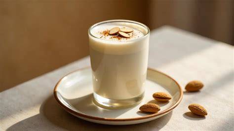 Glas mit cremigem Milchgetränk und Nüssen