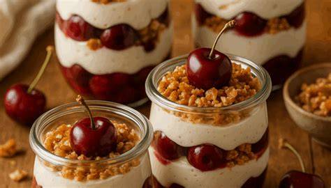Glas mit geschichtetem Kirsch-Dessert und Mandelkrokant