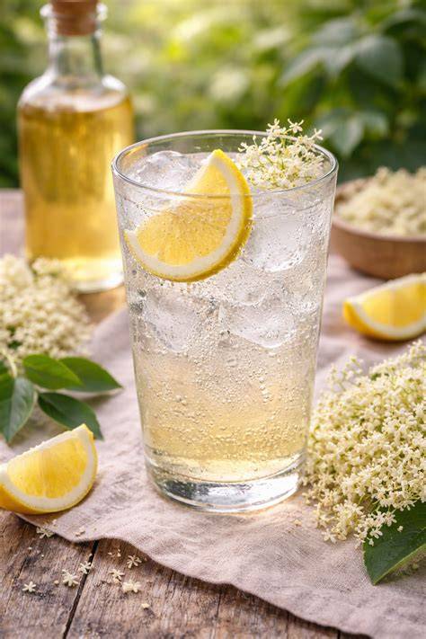 Glas mit ungezuckertem Holunderblütensirup mit Mineralwasser und Zitronenscheibe