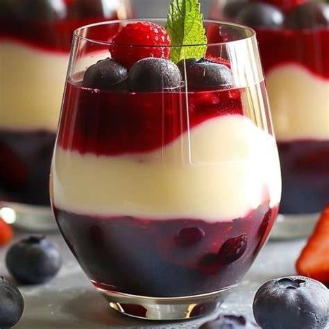Glasdessert mit Vanillecreme, frischen Beeren und Keksbröseln geschichtet