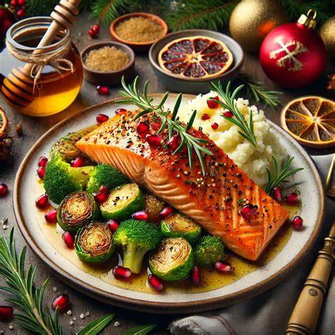 Glasierter Honig-Lachs auf Teller mit Baguette