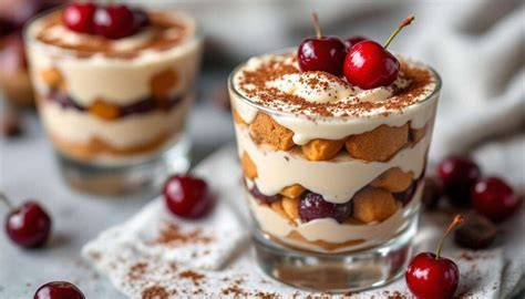 Glasweise angerichtetes Lebkuchen-Tiramisu mit Kirschen, mit Deko
