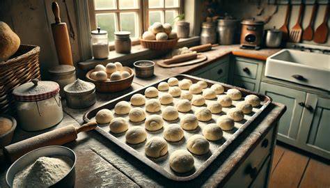 Gleichmäßig geformte Teigkugeln auf Backblech vor dem Backen