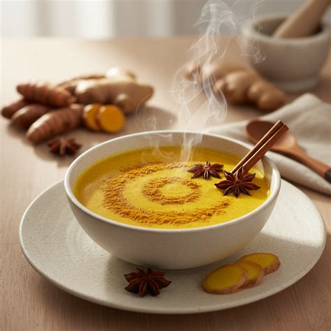 Goldene Ingwer-Kurkuma-Tasse mit Zimtstange