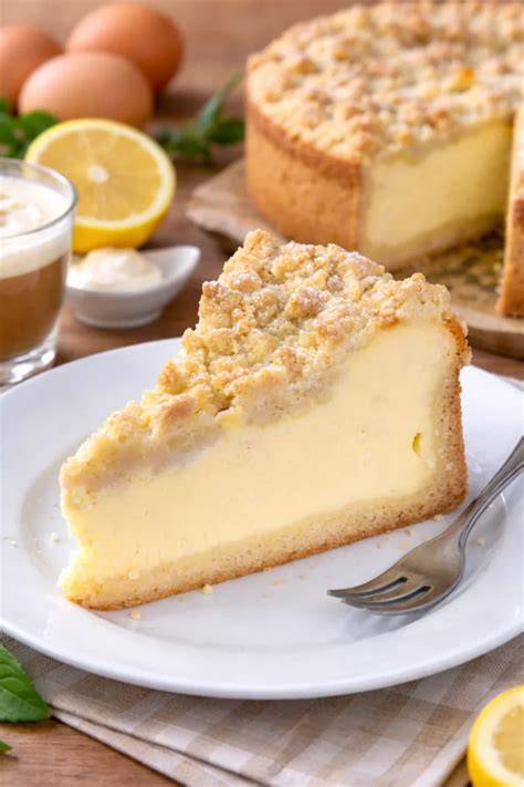 Goldgelbe Streusel auf frisch gebackenem Käsekuchen, Kuchenrost mit Springform