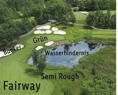 Golfplatz-Torte Gesamtansicht mit Fairway, Bunker, Wasserhindernis und Fahne