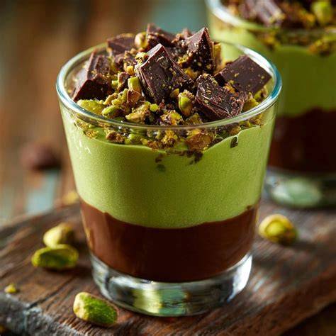 Grüne Avocado-Schoko-Mousse im Glas garniert