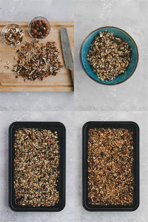 Granola im Ofen: Schritt für Schritt Fotos vom Rösten auf Backpapier