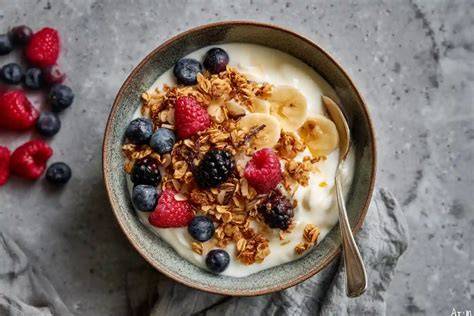 Granola ohne Zucker: Schüssel mit knusprigem, zuckerfreiem Granola und Joghurt
