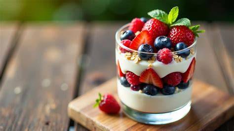 Griechischer Joghurt Dessert mit Beeren und Honignüssen