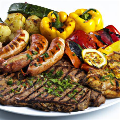 Grillteller mit Schweinefilet in Honigmarinade, Bratkartoffeln, Salat und mediterranem Gemüse