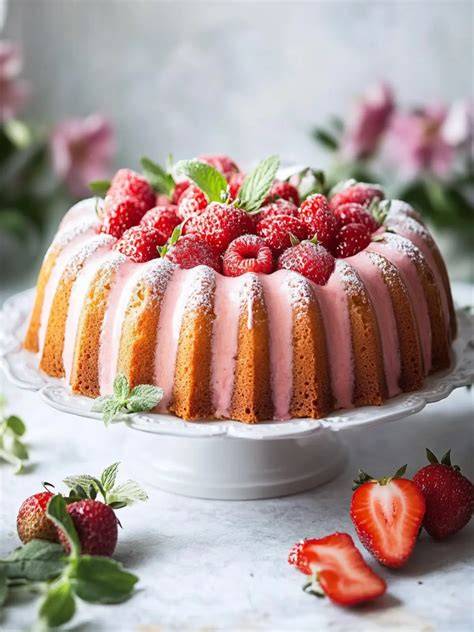 Gugelhupf mit Erdbeeren, Bananen und Zartbitter-Schokotropfen auf Tortenplatte