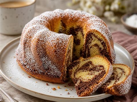 Gugelhupf-Marmorkuchen mit hell-dunkler Marmorierung auf Kaffeetafel