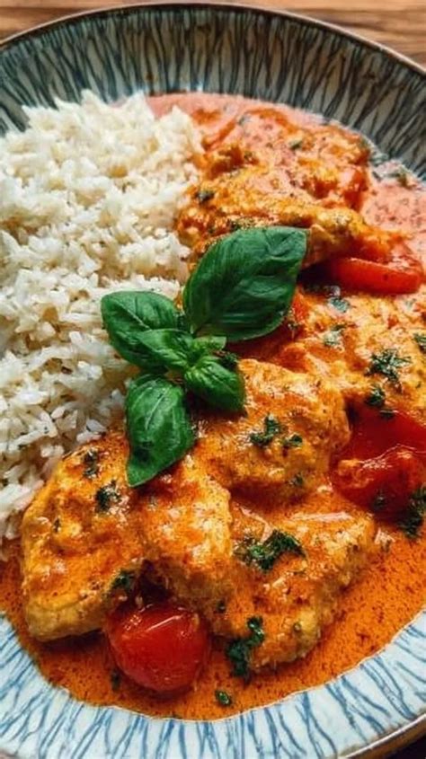 Hähnchen in Schoko-Chili-Soße mit Reis auf Teller serviert