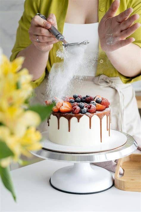 Hände der Konditorin beim Verzieren einer Hochzeitstorte