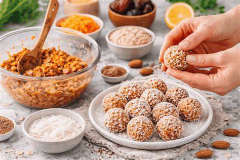 Hände formen Pralinenkugeln, daneben Schüssel mit Pralinenmasse