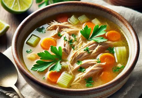 Hühnersuppe in Schüssel mit frischem Gemüse